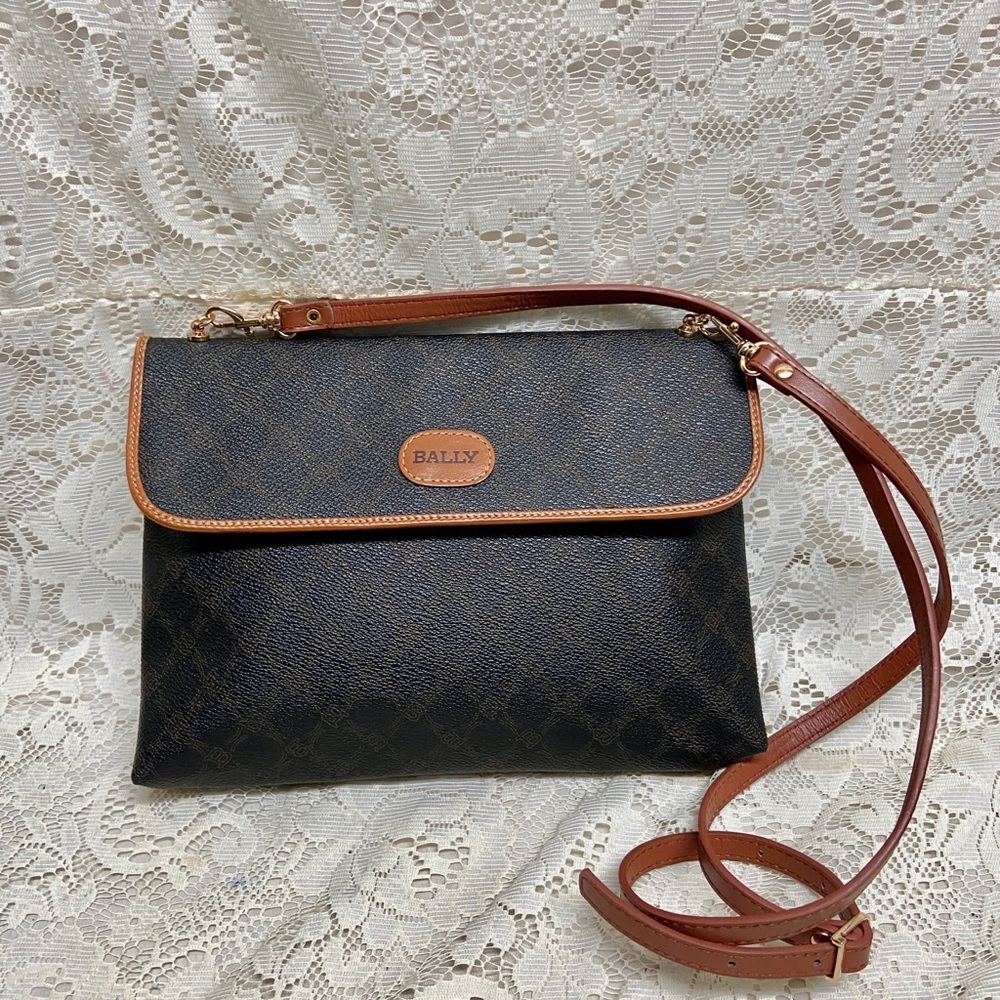 Bally Brown Coated Canvas Leather Trim-Crossbody